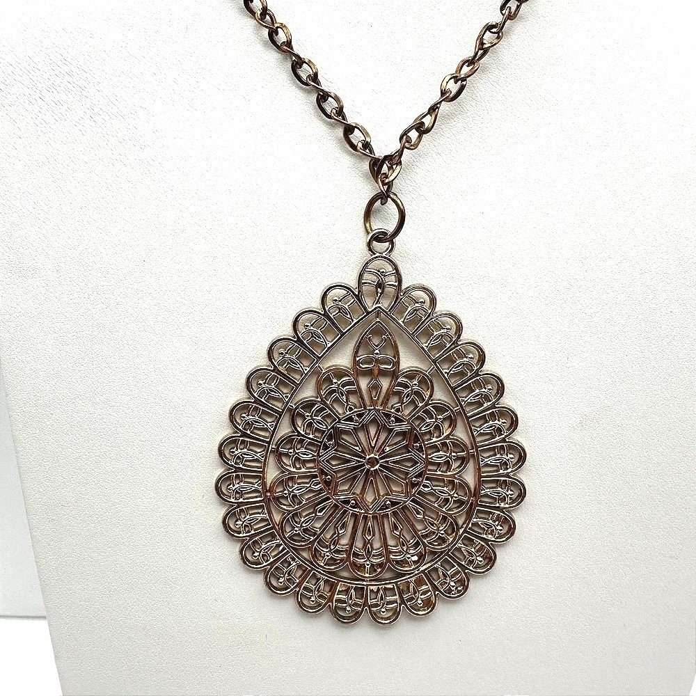 Necklace Vintage Gold Tone Filigree Teardrop Pendant Statement Boho Chain Retro